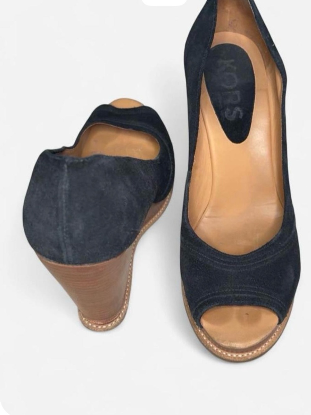 KORS Michael Kors Black Suede Peep Toe Wedge Heels